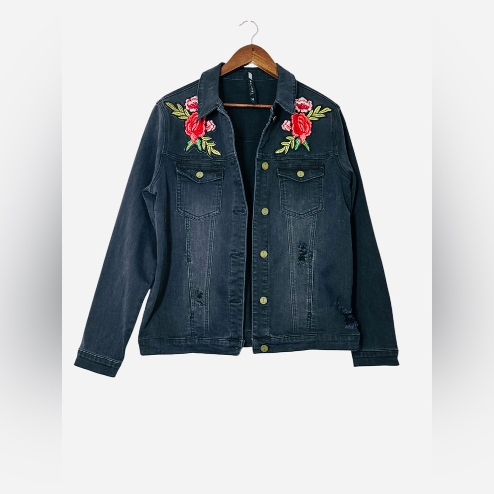 Ban Jara Black Distressed Floral Red Rose Denim Jean Jacket Size Medium